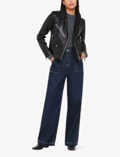 Whistles Agnes Zip-through Sheepskin-leather Biker Jacket -Ted Bakee Fashion Shop R00050220 BLACK ALT01