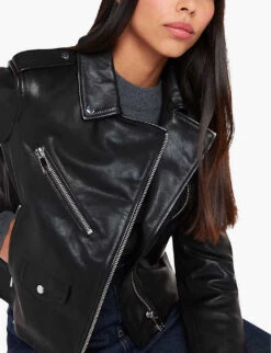 Whistles Agnes Zip-through Sheepskin-leather Biker Jacket -Ted Bakee Fashion Shop R00050220 BLACK ALT03