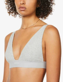 Plunge Brand-embroidered Stretch-cotton Bra -Ted Bakee Fashion Shop R03766870 S LIGHTHEATHERGREY ALT04