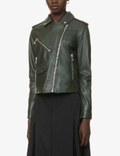 Whistles Agnes Zip-through Leather Biker Jacket -Ted Bakee Fashion Shop R03823003 DARKGREEN ALT02