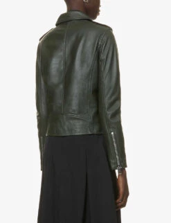Whistles Agnes Zip-through Leather Biker Jacket -Ted Bakee Fashion Shop R03823003 DARKGREEN ALT03