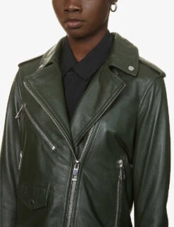 Whistles Agnes Zip-through Leather Biker Jacket -Ted Bakee Fashion Shop R03823003 DARKGREEN ALT04
