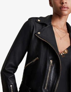 AllSaints Balfern Gold-tone Leather Biker Jacket -Ted Bakee Fashion Shop R03824520 BLACK ALT04