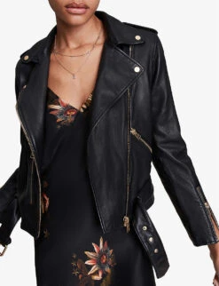 AllSaints Balfern Gold-tone Leather Biker Jacket -Ted Bakee Fashion Shop R03824520 BLACK ALT05