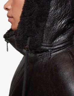 Whistles Loose-fit Shearling Hooded Jacket -Ted Bakee Fashion Shop R03851432 BROWN ALT04