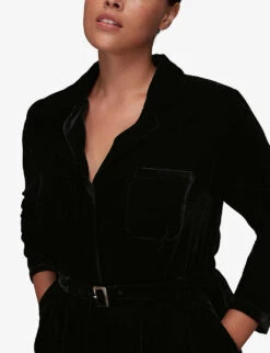 Whistles Avery Belted Wide-leg Velvet Jumpsuit -Ted Bakee Fashion Shop R03869072 BLACK ALT04