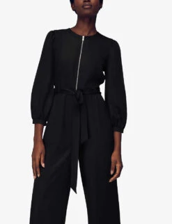 Whistles Estelle Puffed-sleeved Belted Woven Jumpsuit 7 Whistles Estelle Puffed-sleeved Belted Woven Jumpsuit -Ted Bakee Fashion Shop R03873964 BLACK ALT02