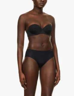 Calvin Klein Logo-embroidered Stretch-jersey Strapless Push-up Bra -Ted Bakee Fashion Shop R03894455 BLACK ALT02