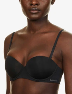 Calvin Klein Logo-embroidered Stretch-jersey Strapless Push-up Bra -Ted Bakee Fashion Shop R03894455 BLACK ALT04