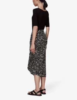 Whistles Sahara Leopard-print Ruched Crepe Midi Skirt -Ted Bakee Fashion Shop R03925147 BLACK ALT03