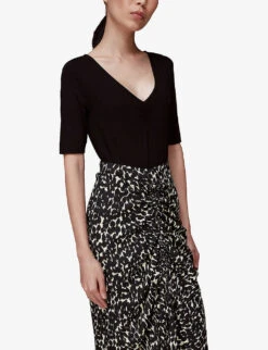 Whistles Sahara Leopard-print Ruched Crepe Midi Skirt -Ted Bakee Fashion Shop R03925147 BLACK ALT04