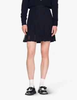 Sandro Firenze Pleat-detail Cotton-blend Mini Skirt -Ted Bakee Fashion Shop R03947911 NOIRGRIS ALT02