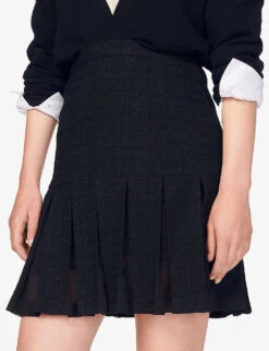 Sandro Firenze Pleat-detail Cotton-blend Mini Skirt -Ted Bakee Fashion Shop R03947911 NOIRGRIS ALT04