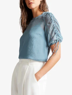 Ted Baker Hildah Ruched-sleeve Crepe Top -Ted Bakee Fashion Shop R03967523 MIDBLUE ALT02