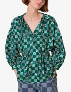 Whistles Checkerboard Adjustable-waist Silk Top -Ted Bakee Fashion Shop R03974353 MULTICOLOURED ALT02