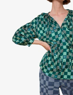 Whistles Checkerboard Adjustable-waist Silk Top -Ted Bakee Fashion Shop R03974353 MULTICOLOURED ALT04