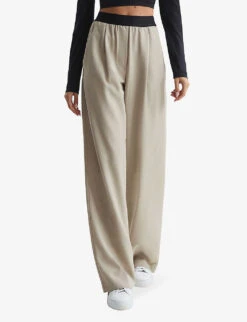 Reiss Lena Contrast-waist Wide-leg High-rise Stretch-woven Trousers -Ted Bakee Fashion Shop R03978241 STONE ALT02