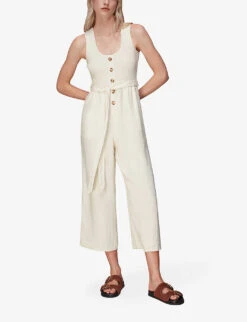 Whistles Shirred Wide-leg Linen-blend Jumpsuit -Ted Bakee Fashion Shop R03978364 CREAM ALT02