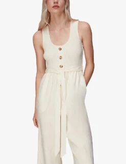 Whistles Shirred Wide-leg Linen-blend Jumpsuit -Ted Bakee Fashion Shop R03978364 CREAM ALT04