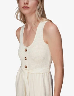 Whistles Shirred Wide-leg Linen-blend Jumpsuit -Ted Bakee Fashion Shop R03978364 CREAM ALT05
