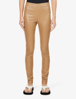 Joseph Gathered Mid-rise Leather Leggings -Ted Bakee Fashion Shop R03996111 CAMEL ALT02
