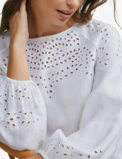 Broderie-detail Relaxed-fit Linen Blouse 9 Broderie-detail Relaxed-fit Linen Blouse -Ted Bakee Fashion Shop R04000266 WHITE ALT04