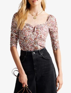 Ted Baker Britani Wildlife-print U-bar Fitted Cotton-blend Top -Ted Bakee Fashion Shop R04010998 WHITE ALT02