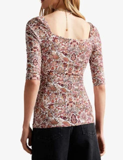 Ted Baker Britani Wildlife-print U-bar Fitted Cotton-blend Top -Ted Bakee Fashion Shop R04010998 WHITE ALT03