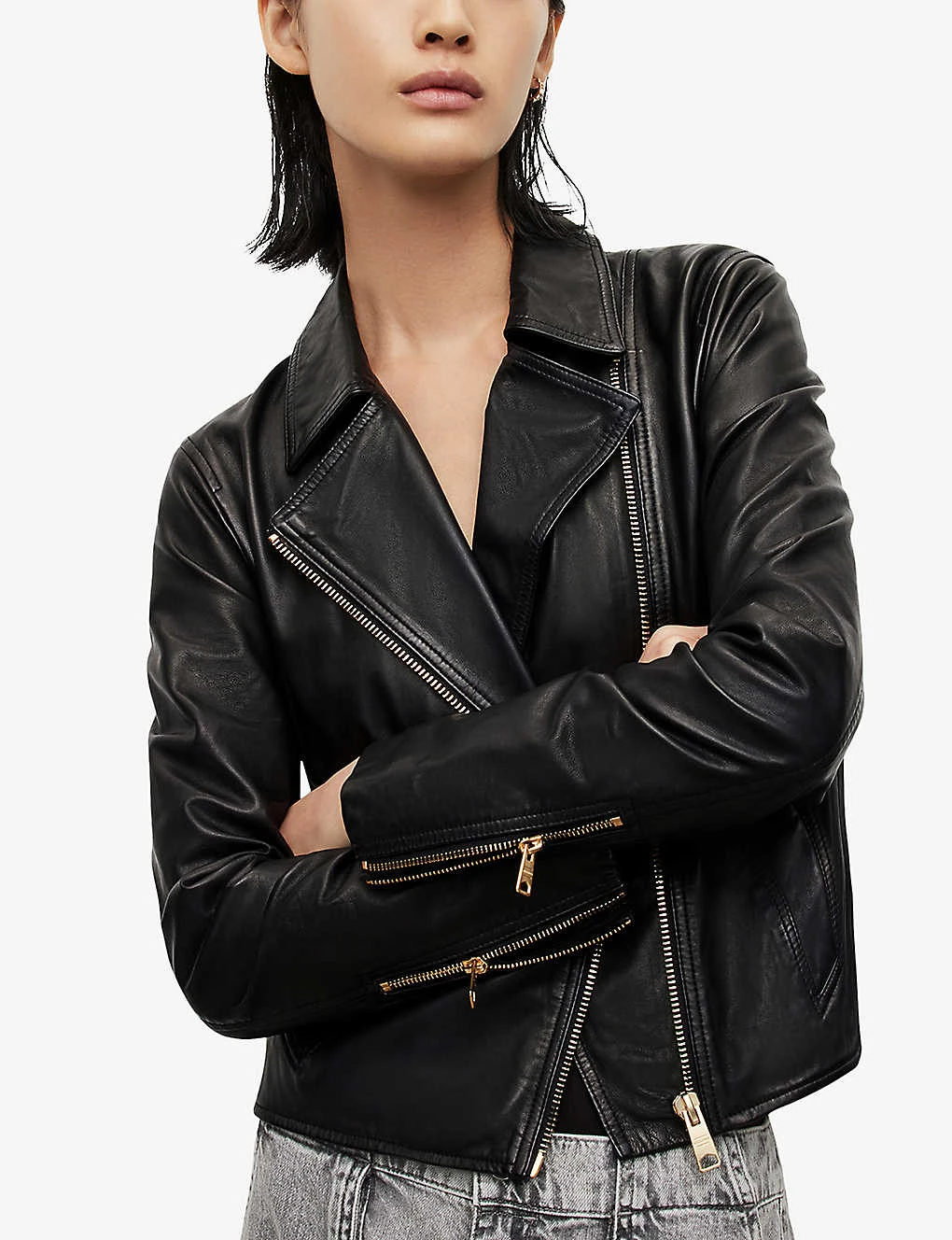 AllSaints Vela Cropped Leather Biker Jacket 3 AllSaints Vela Cropped Leather Biker Jacket - Image 3
