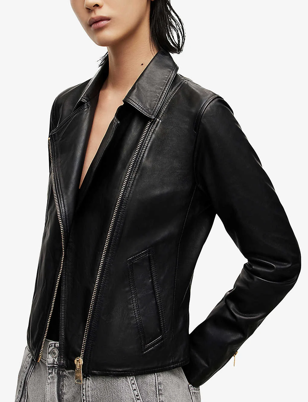 AllSaints Vela Cropped Leather Biker Jacket 5 AllSaints Vela Cropped Leather Biker Jacket - Image 5