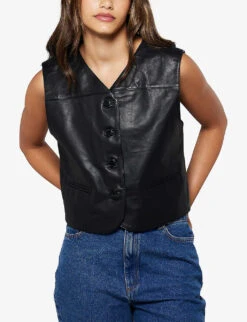 Genesis Sleeveless Leather Waistcoat -Ted Bakee Fashion Shop R04061004 BLACK ALT02