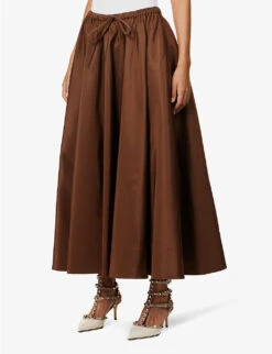 Valentino Flared-hem Drawstring-waist Silk Maxi Skirt -Ted Bakee Fashion Shop R04076035 CHESTNUTCREAM ALT02