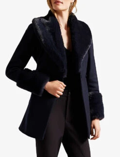 Ted Baker Loleta Faux Fur-collar Wool-blend Coat -Ted Bakee Fashion Shop R04080914 NAVY ALT02