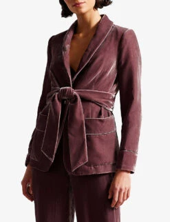 Ted Baker Tansya Tied-waist Shawl-collar Velvet Jacket -Ted Bakee Fashion Shop R04082047 TAUPE ALT02