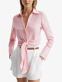 Reiss Dahlia Point-collar Tie-waist Linen Shirt 6 Reiss Dahlia Point-collar Tie-waist Linen Shirt -Ted Bakee Fashion Shop R04082353 PINK ALT02