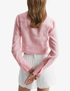 Reiss Dahlia Point-collar Tie-waist Linen Shirt 7 Reiss Dahlia Point-collar Tie-waist Linen Shirt -Ted Bakee Fashion Shop R04082353 PINK ALT03