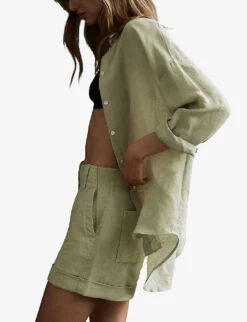Reiss Ellis Long-sleeved Oversized Linen-blend Shirt -Ted Bakee Fashion Shop R04082359 KHAKI ALT02