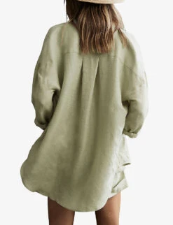 Reiss Ellis Long-sleeved Oversized Linen-blend Shirt -Ted Bakee Fashion Shop R04082359 KHAKI ALT03