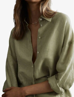 Reiss Ellis Long-sleeved Oversized Linen-blend Shirt -Ted Bakee Fashion Shop R04082359 KHAKI ALT04