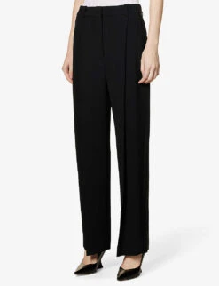 Victoria Beckham Pleated Mid-rise Straight-leg Stretch-woven Trousers -Ted Bakee Fashion Shop R04083211 BLACK ALT02