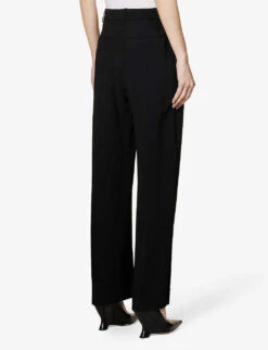 Victoria Beckham Pleated Mid-rise Straight-leg Stretch-woven Trousers -Ted Bakee Fashion Shop R04083211 BLACK ALT03