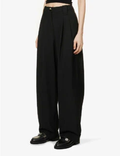 Ganni Drapey Relaxed-fit Straight-leg Mid-rise Recycled Polyester-blend Trousers -Ted Bakee Fashion Shop R04083957 BLACK ALT02