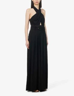 ME AND EM Halter Neck Wide-leg Recycled-polyester Jumpsuit -Ted Bakee Fashion Shop R04084444 BLACK ALT02