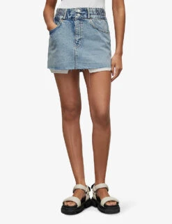 AllSaints Hailey Elasticated-waist Raw-hem Denim Mini Skirt -Ted Bakee Fashion Shop R04087417 FRESHINDIGO ALT02