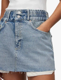AllSaints Hailey Elasticated-waist Raw-hem Denim Mini Skirt -Ted Bakee Fashion Shop R04087417 FRESHINDIGO ALT04
