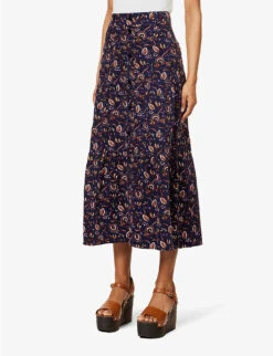ME AND EM Jacobean Graphic-print Cotton Midi Skirt 7 ME AND EM Jacobean Graphic-print Cotton Midi Skirt -Ted Bakee Fashion Shop R04094233 INDIGOYELLOWBROWN ALT02