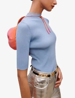 Maje High-neck Ribbed Stretch-knit Top -Ted Bakee Fashion Shop R04101718 BLEUS ALT02