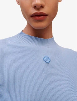 Maje High-neck Ribbed Stretch-knit Top -Ted Bakee Fashion Shop R04101718 BLEUS ALT04