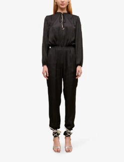 Maje Paulynou Tied-neck Balloon-sleeved Recycled-polyester Jumpsuit -Ted Bakee Fashion Shop R04101783 NOIRGRIS ALT02