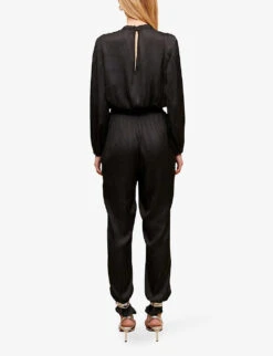 Maje Paulynou Tied-neck Balloon-sleeved Recycled-polyester Jumpsuit -Ted Bakee Fashion Shop R04101783 NOIRGRIS ALT03